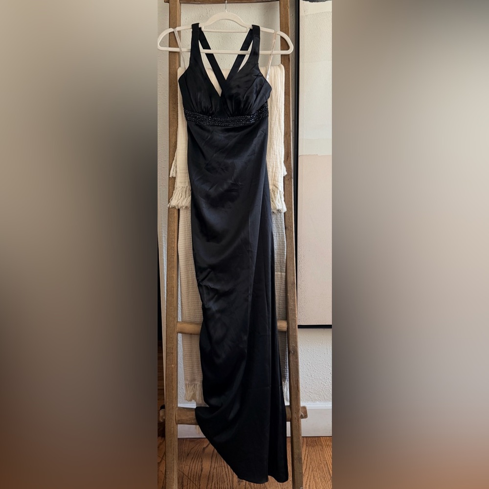 Black satin long halter dress with embellishing at chest David’s bridal